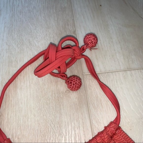 Aerie Bikini Top Women’s Size‎ Large Peach Coral Crochet  Keyhole High Neck - Picture 4 of 7